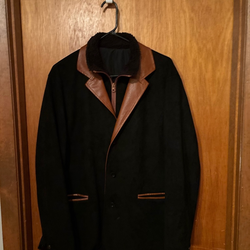 Men's Black Suede Coat with Brown Leather Trim - Picture 6 of 7
